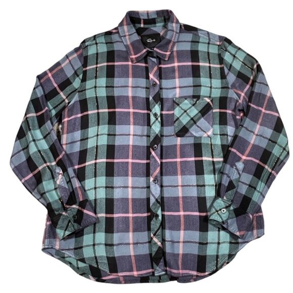 Rails Women's Teal Navy Pink With Gold Lurex Hunter Flannel Shirt SIZE-MEDIUM - Picture 1 of 11